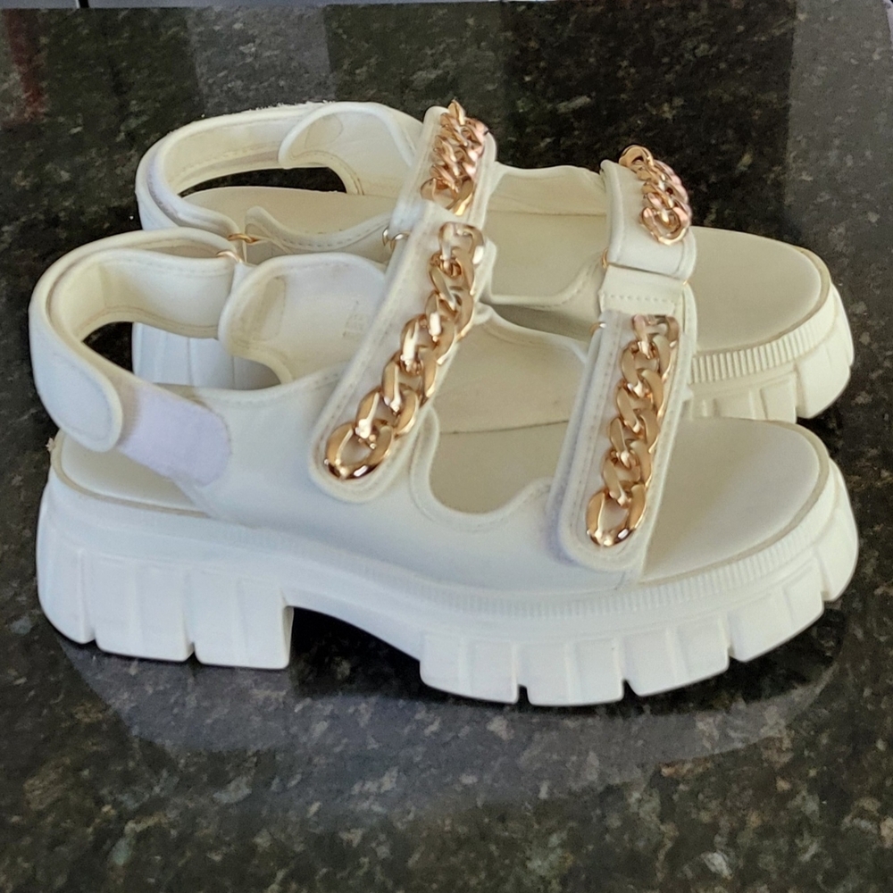 Women's White Sandals with Gold Chain Detail